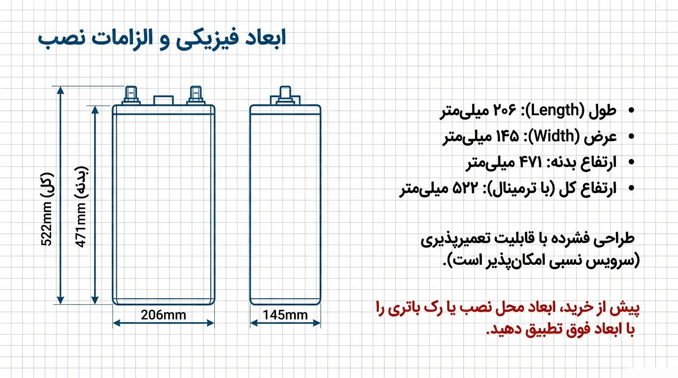 ابعاد باتری 420 آمپر OPZS صبا