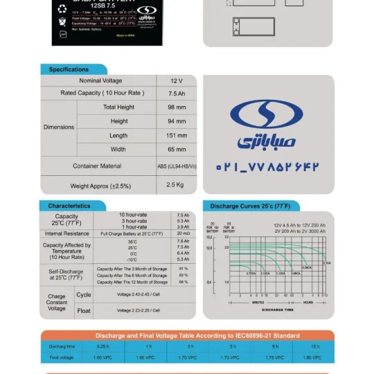 باتری یو پی اس 7.5 آمپر صبا باتری